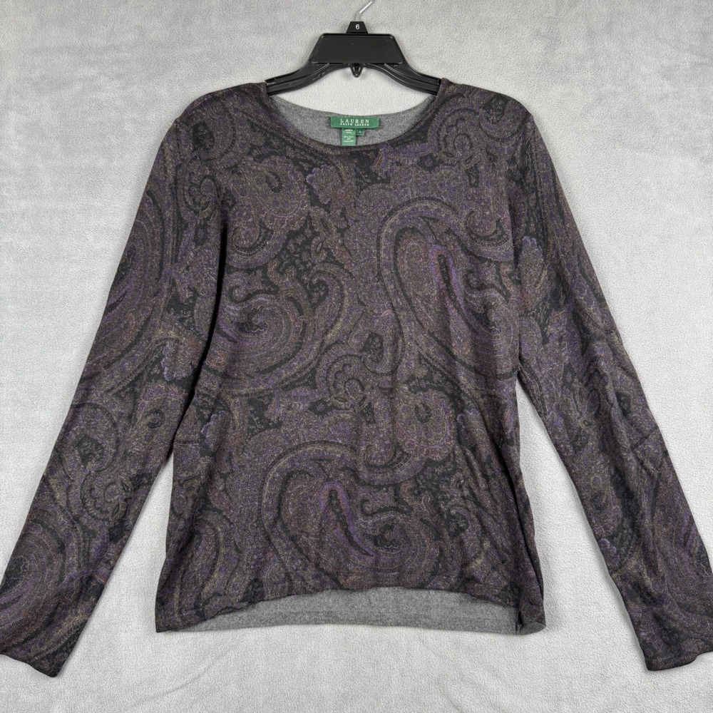 Lauren Ralph Lauren Silk Cashmere Paisley Sweater Purple Grey Large